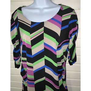 Dana Buchman Sz LARGE 3/4 Sleeve Tunic Purple Black Green Stretch Knit EUC